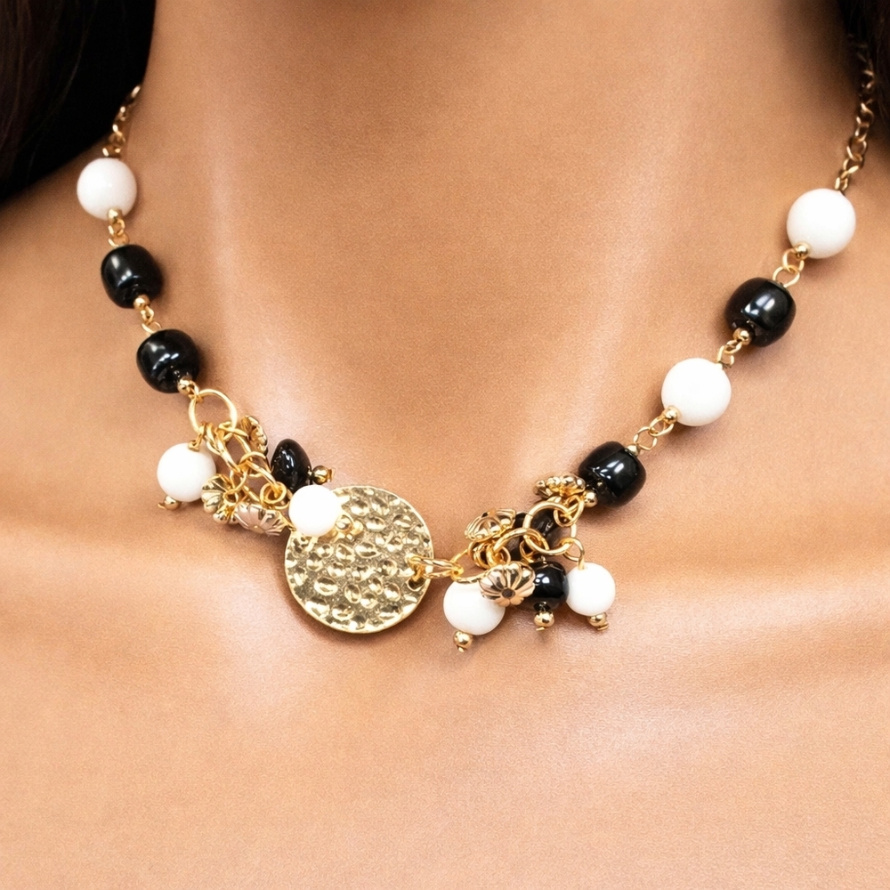 Gold Medallion Beaded Necklace –  w/ Black, White beads Hammered discs, 34+3"